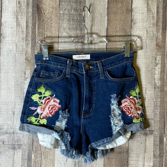 Vibrant High Waisted Embroidered Jean Shorts - Picture 1 of 6